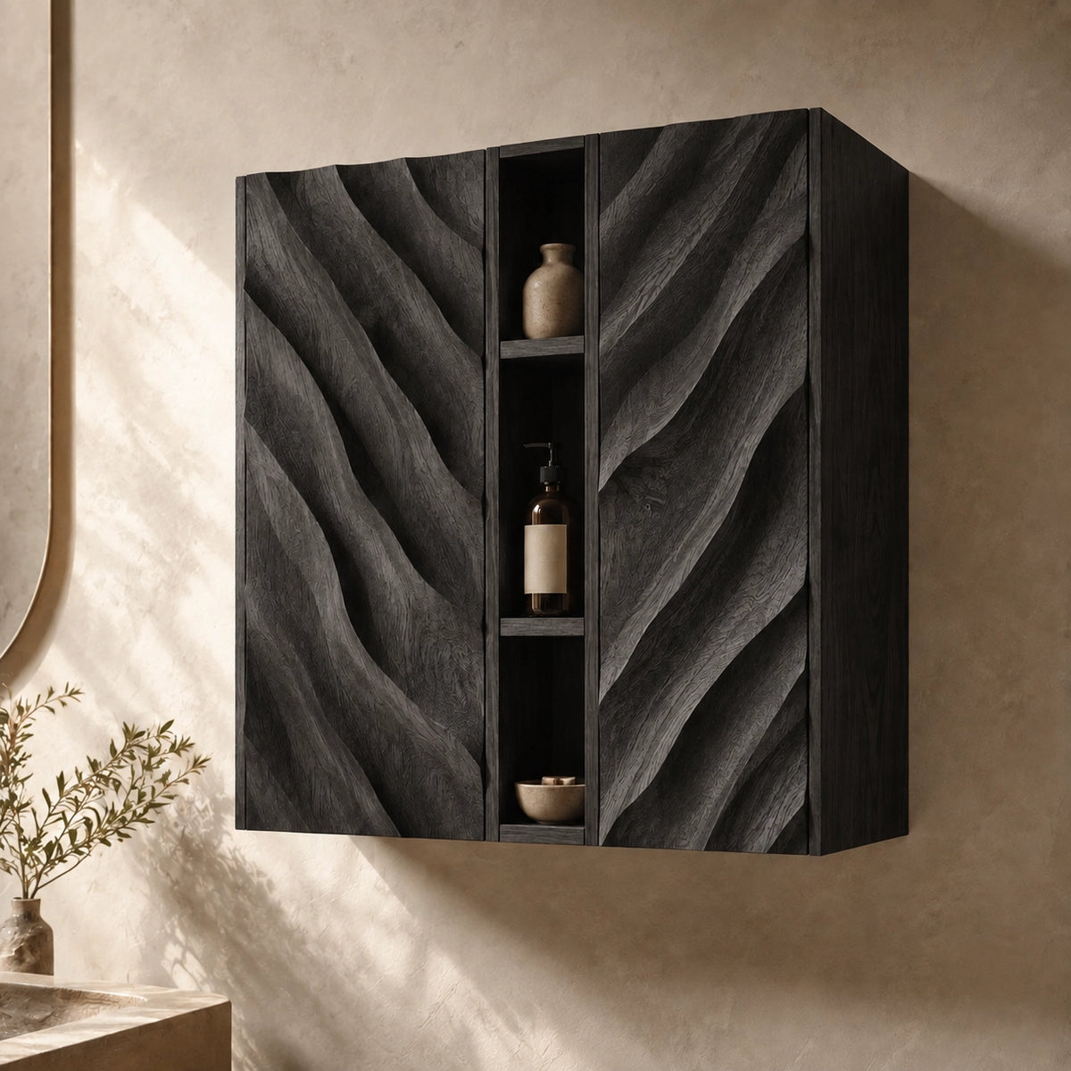 Bathroom Cabinet with Diagonal Wave-Carved Doors and Open Shelving - Woodenecho - 7