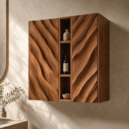 Bathroom Cabinet with Diagonal Wave-Carved Doors and Open Shelving - Woodenecho - 8