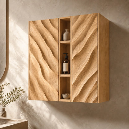 Bathroom Cabinet with Diagonal Wave-Carved Doors and Open Shelving - Woodenecho - 9