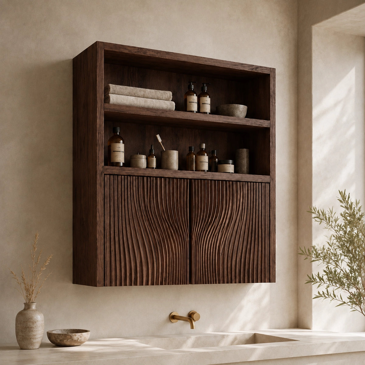 Bathroom Cabinet with Fluted Doors and Open Shelving in Natural Solid Wood - Woodenecho - 1