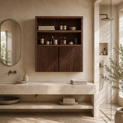 Bathroom Cabinet with Fluted Doors and Open Shelving in Natural Solid Wood - Woodenecho - 2