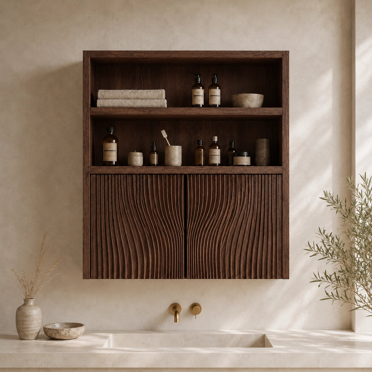 Bathroom Cabinet with Fluted Doors and Open Shelving in Natural Solid Wood - Woodenecho - 3
