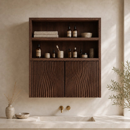 Bathroom Cabinet with Fluted Doors and Open Shelving in Natural Solid Wood - Woodenecho - 3