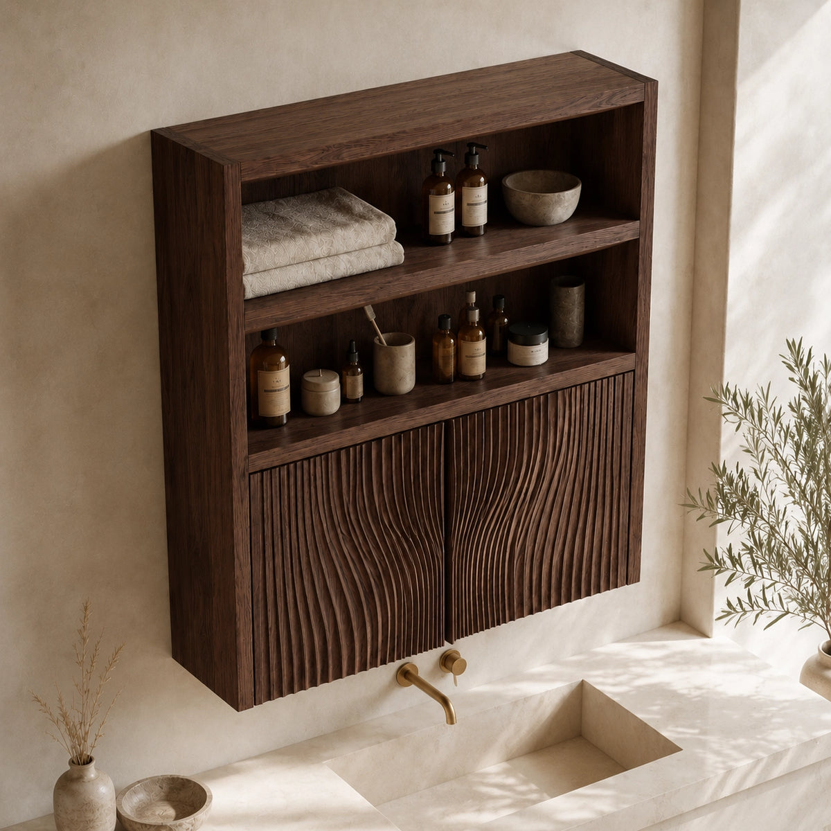 Bathroom Cabinet with Fluted Doors and Open Shelving in Natural Solid Wood - Woodenecho - 4