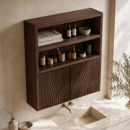 Bathroom Cabinet with Fluted Doors and Open Shelving in Natural Solid Wood - Woodenecho - 4