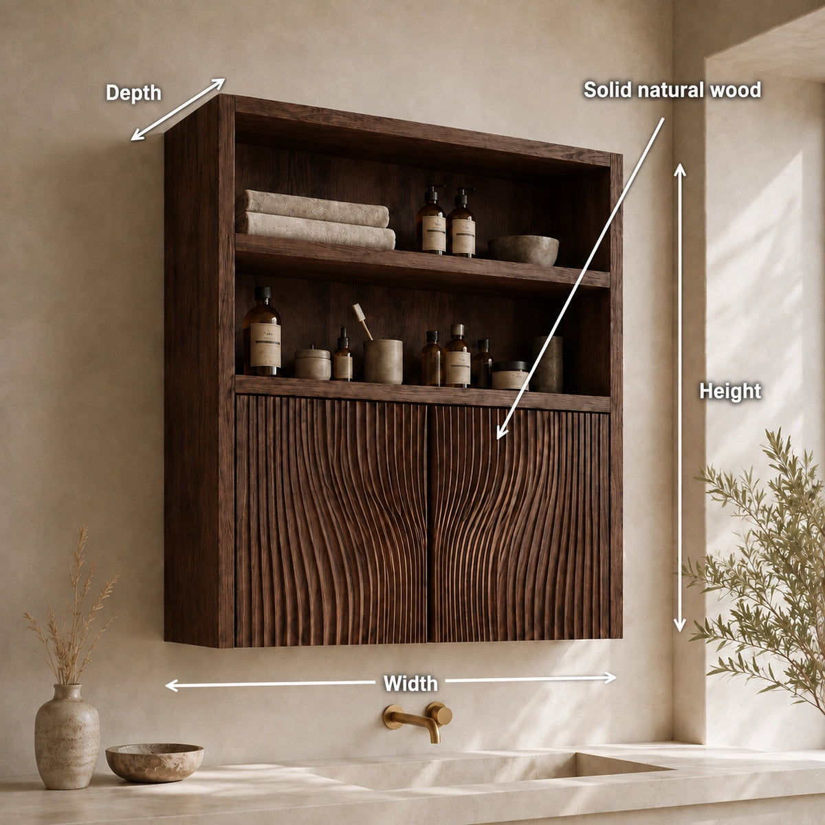 Bathroom Cabinet with Fluted Doors and Open Shelving in Natural Solid Wood - Woodenecho - 6