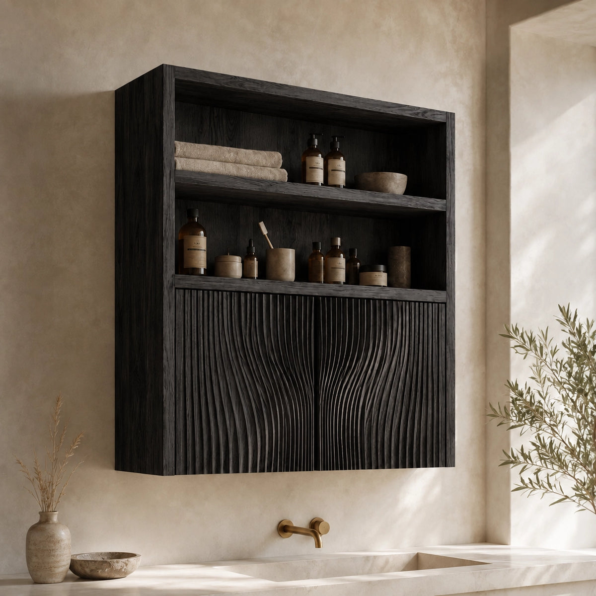 Bathroom Cabinet with Fluted Doors and Open Shelving in Natural Solid Wood - Woodenecho - 7