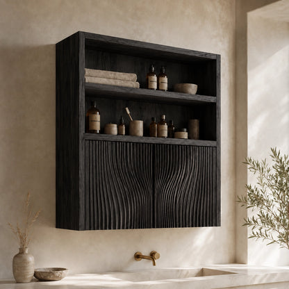 Bathroom Cabinet with Fluted Doors and Open Shelving in Natural Solid Wood - Woodenecho - 7