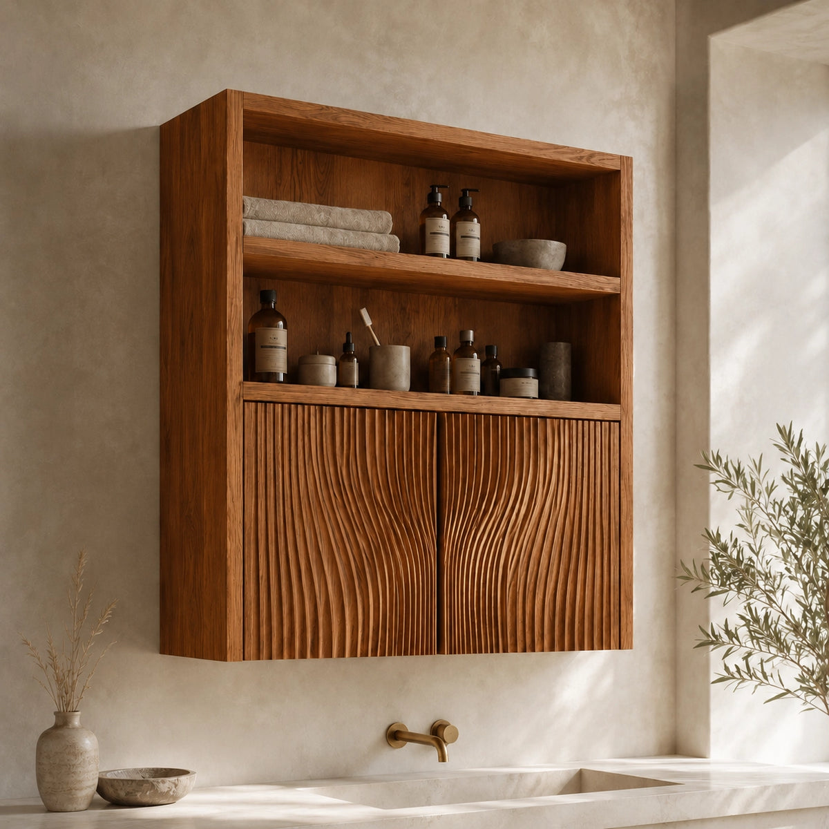 Bathroom Cabinet with Fluted Doors and Open Shelving in Natural Solid Wood - Woodenecho - 8