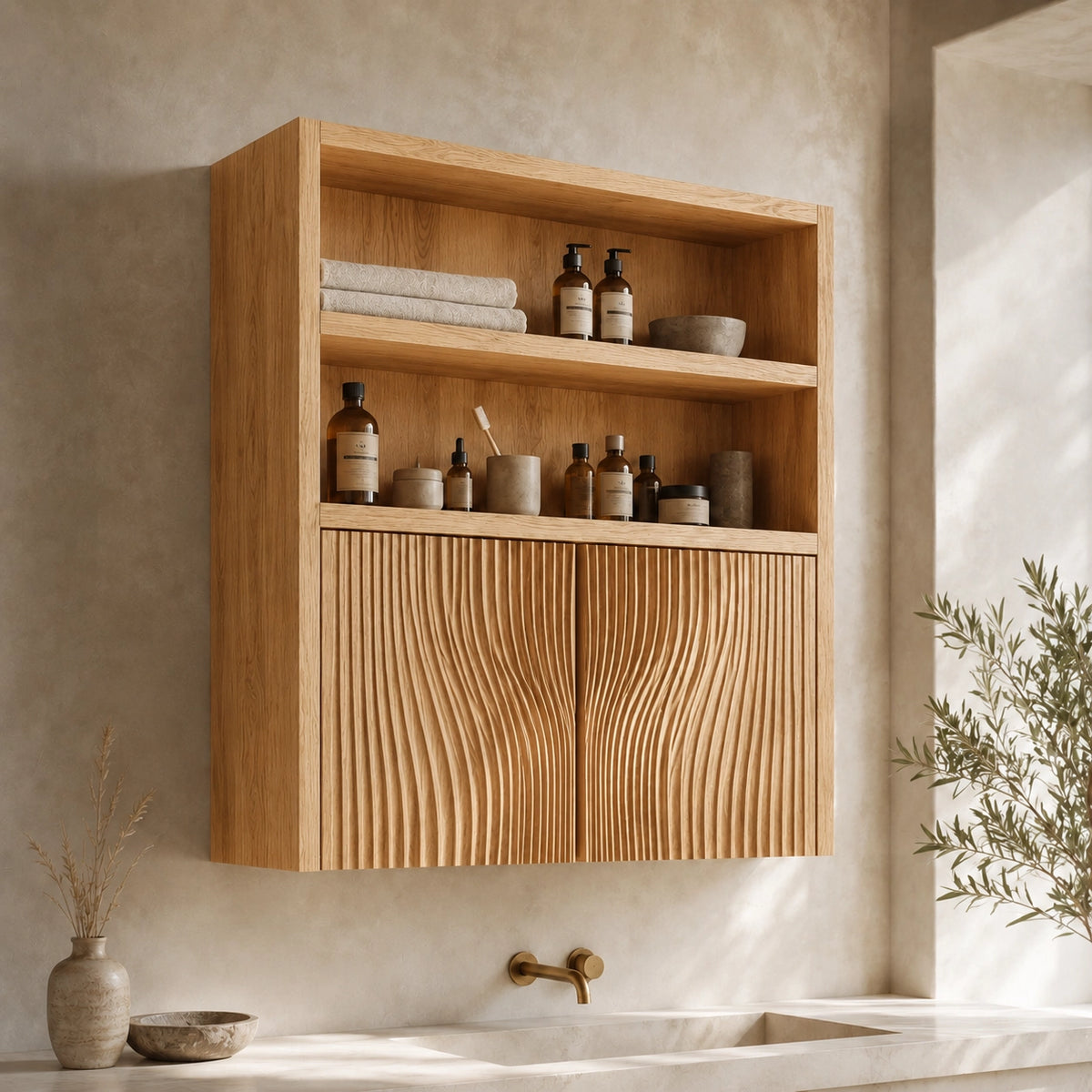 Bathroom Cabinet with Fluted Doors and Open Shelving in Natural Solid Wood - Woodenecho - 9