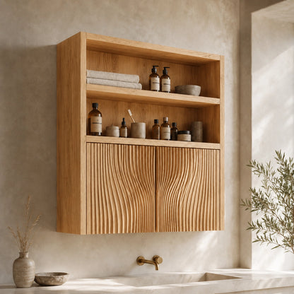 Bathroom Cabinet with Fluted Doors and Open Shelving in Natural Solid Wood - Woodenecho - 9