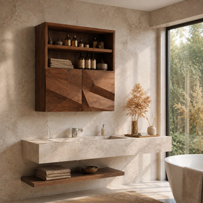 Bathroom Cabinet with Geometric Carved Doors and Open Shelving Storage - Woodenecho - 2