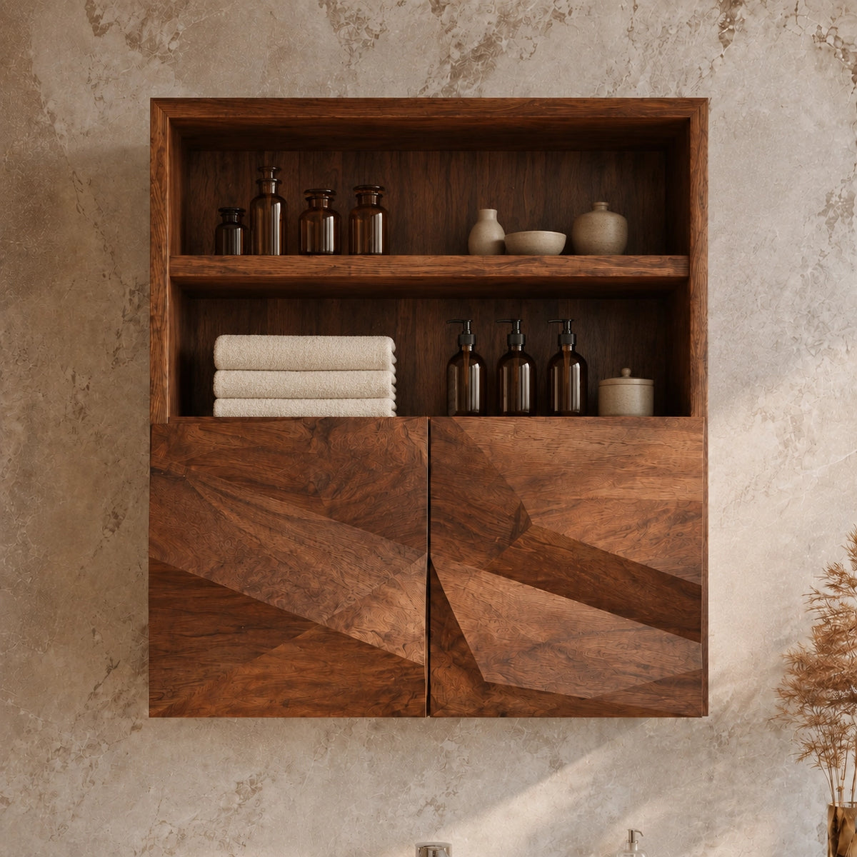 Bathroom Cabinet with Geometric Carved Doors and Open Shelving Storage - Woodenecho - 3