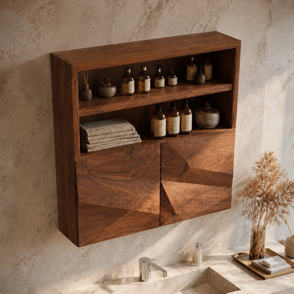 Bathroom Cabinet with Geometric Carved Doors and Open Shelving Storage - Woodenecho - 4