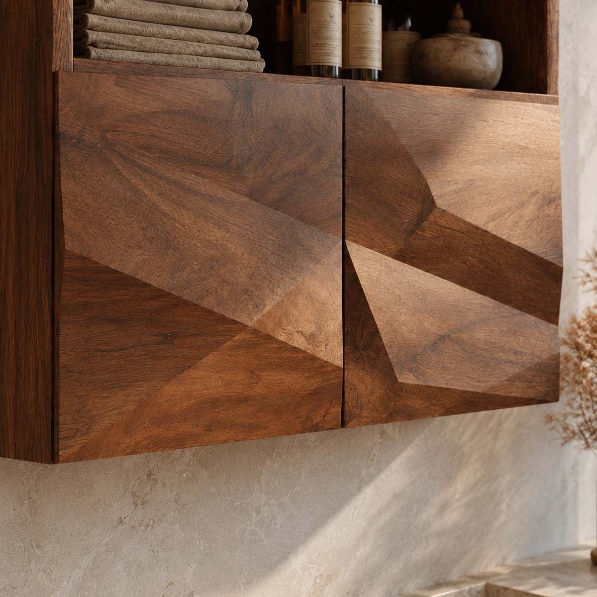 Bathroom Cabinet with Geometric Carved Doors and Open Shelving Storage - Woodenecho - 5