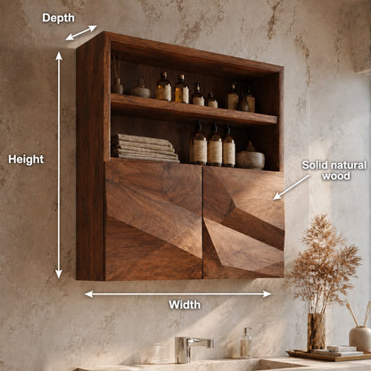 Bathroom Cabinet with Geometric Carved Doors and Open Shelving Storage - Woodenecho - 6
