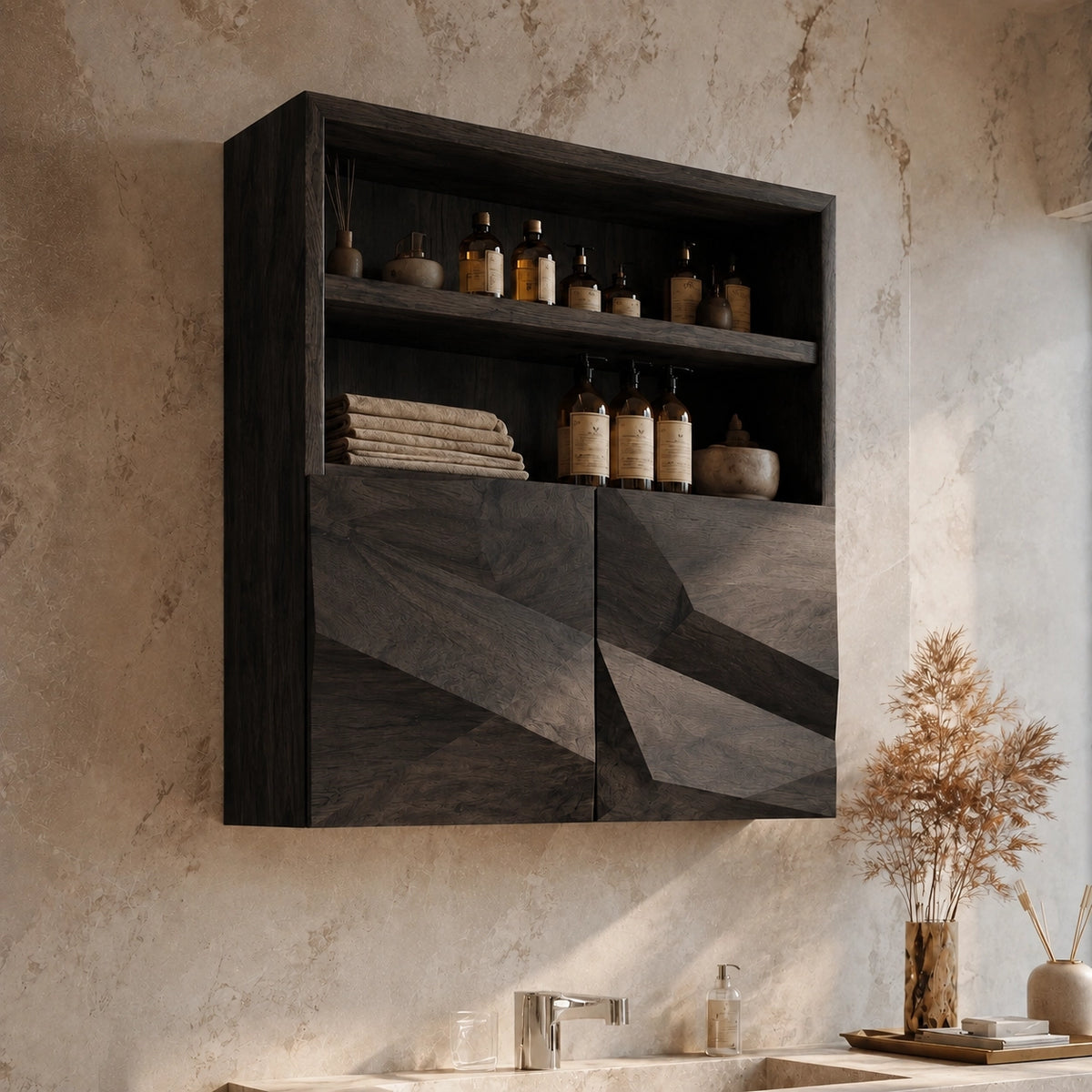 Bathroom Cabinet with Geometric Carved Doors and Open Shelving Storage - Woodenecho - 7