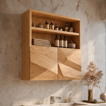 Bathroom Cabinet with Geometric Carved Doors and Open Shelving Storage - Woodenecho - 9