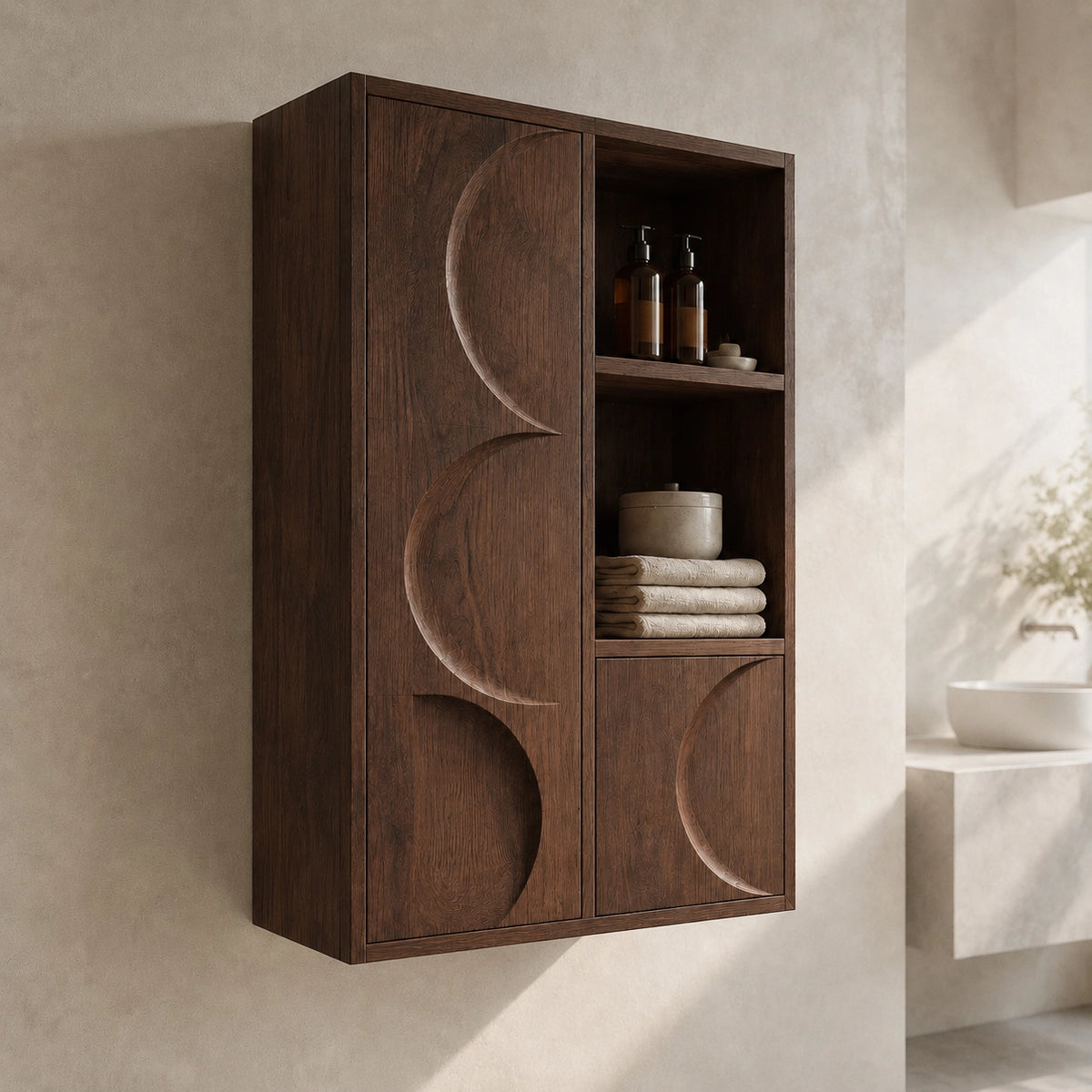 Bathroom Cabinet with Moon-Carved Doors and Open Shelving Storage - Woodenecho - 1