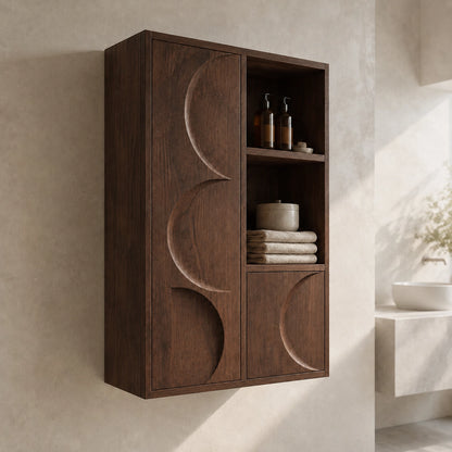 Bathroom Cabinet with Moon-Carved Doors and Open Shelving Storage - Woodenecho - 1