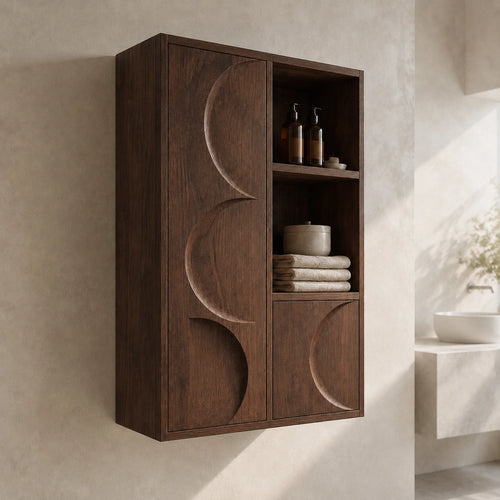 Bathroom Cabinet with Moon-Carved Doors and Open Shelving Storage - Woodenecho - 1