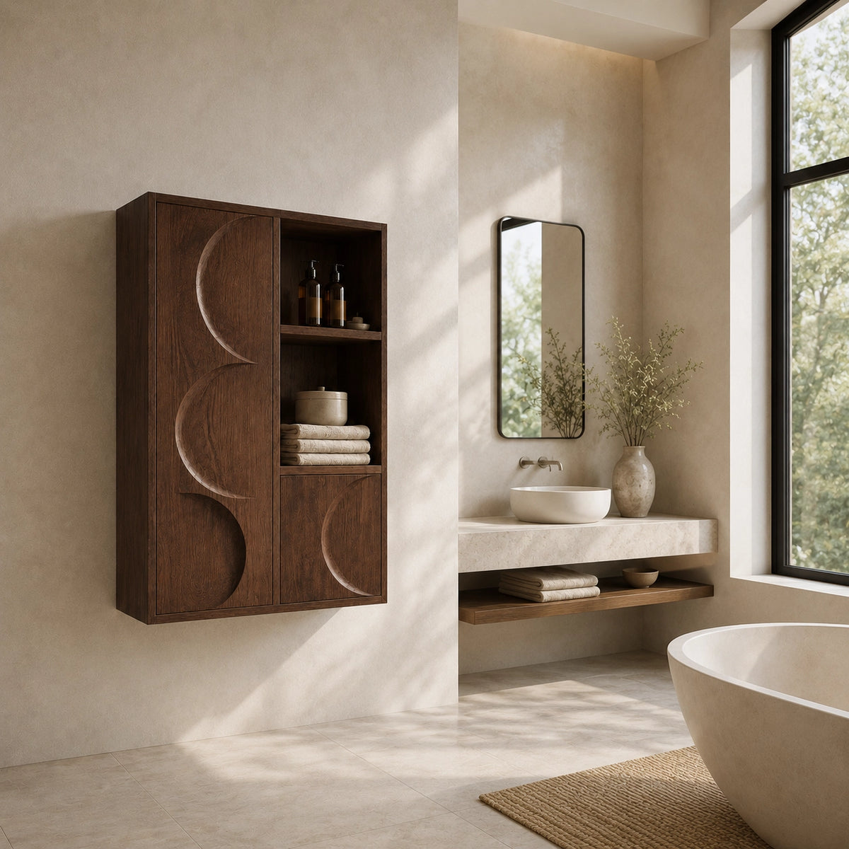 Bathroom Cabinet with Moon-Carved Doors and Open Shelving Storage - Woodenecho - 2