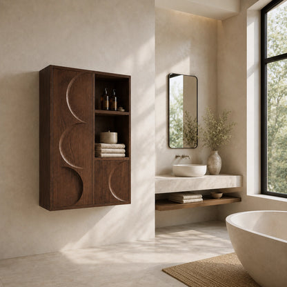 Bathroom Cabinet with Moon-Carved Doors and Open Shelving Storage - Woodenecho - 2