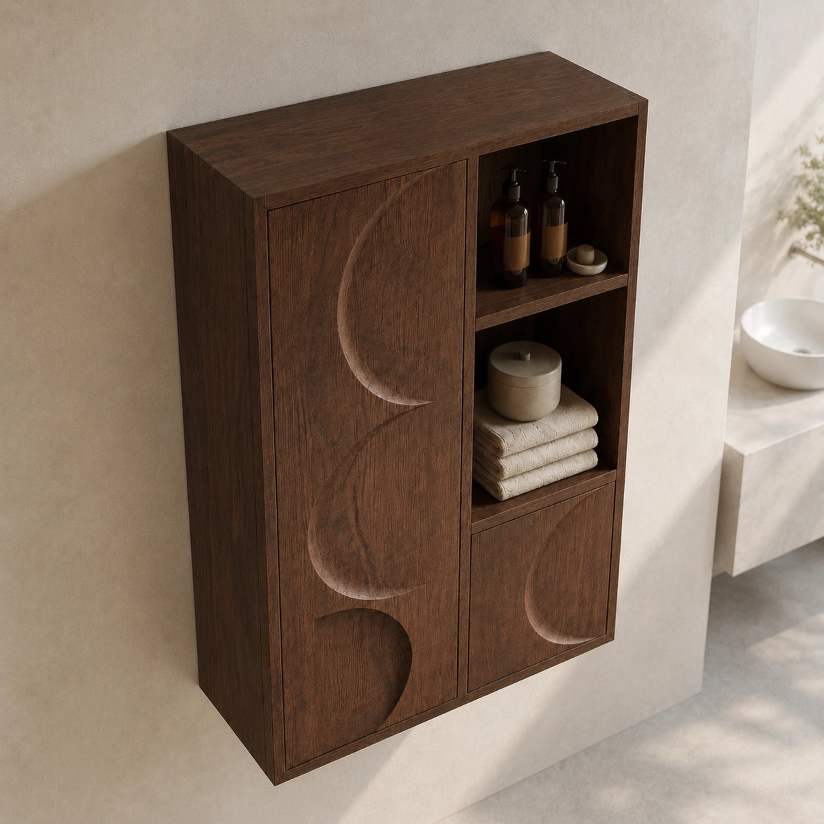 Bathroom Cabinet with Moon-Carved Doors and Open Shelving Storage - Woodenecho - 4