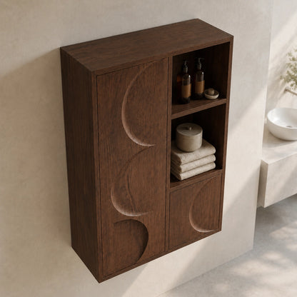 Bathroom Cabinet with Moon-Carved Doors and Open Shelving Storage - Woodenecho - 4