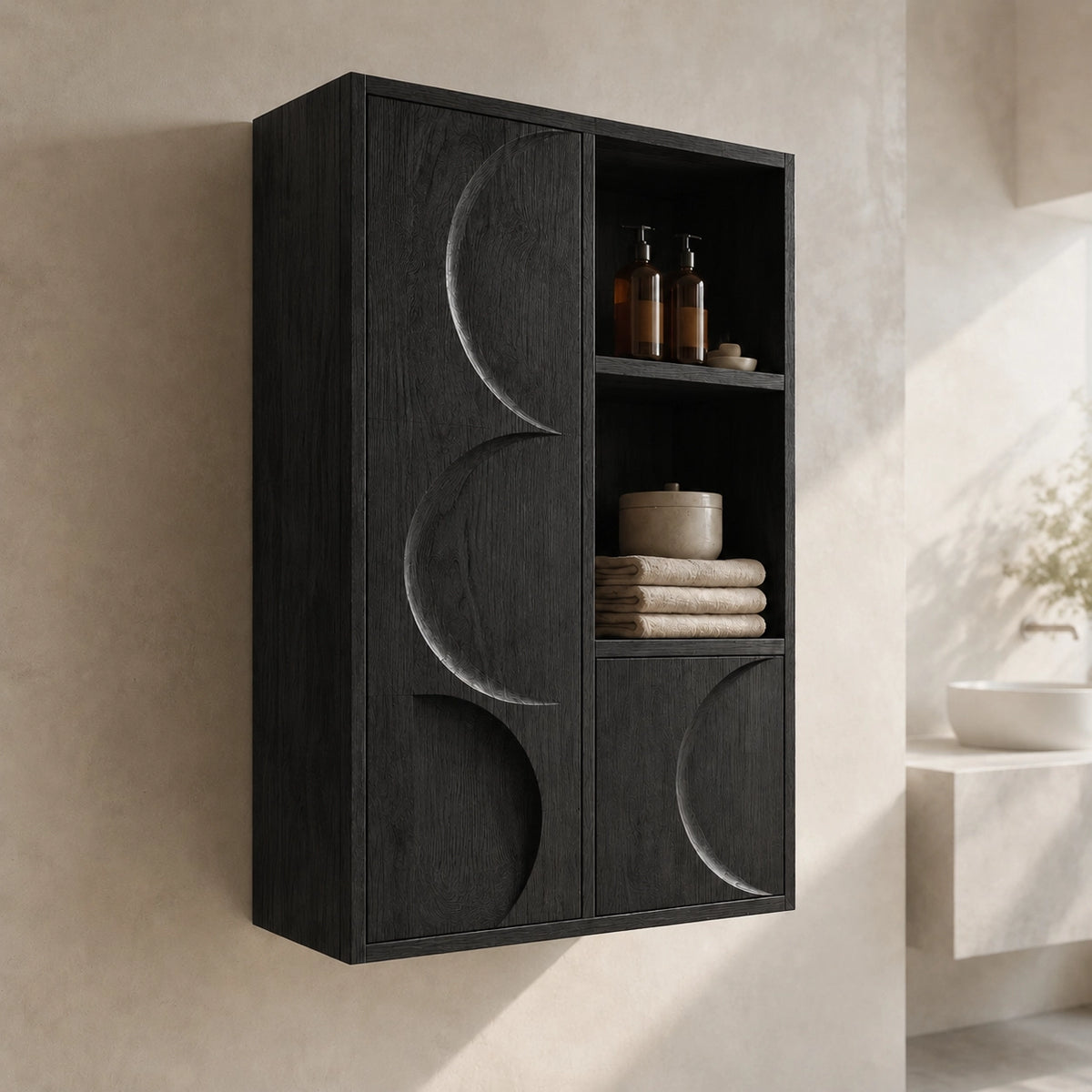 Bathroom Cabinet with Moon-Carved Doors and Open Shelving Storage - Woodenecho - 7