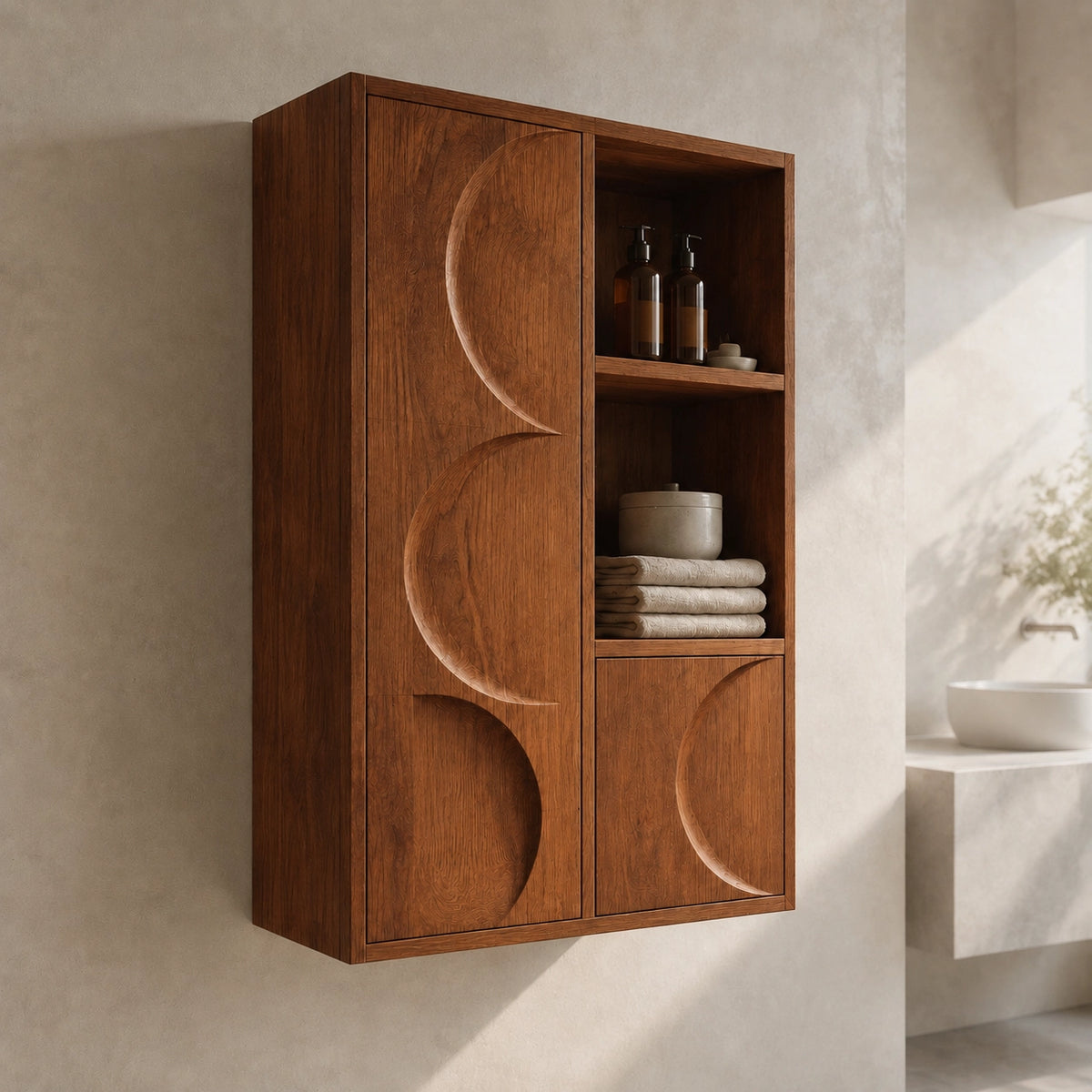 Bathroom Cabinet with Moon-Carved Doors and Open Shelving Storage - Woodenecho - 8