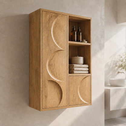 Bathroom Cabinet with Moon-Carved Doors and Open Shelving Storage - Woodenecho - 9