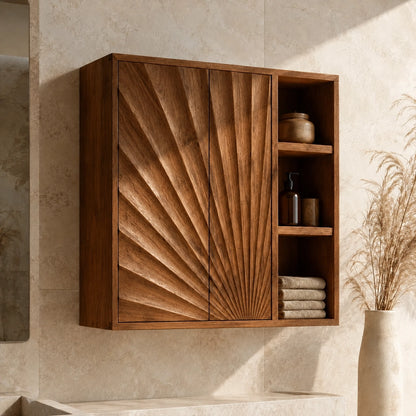 Bathroom Cabinet with Radiant Fan-Carved Doors and Open Shelving in Wood - Woodenecho - 1