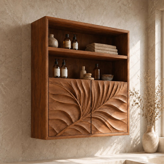 Bathroom Cabinet with Radiant Fan-Carved Doors and Open Shelving in Wood - Woodenecho - 1