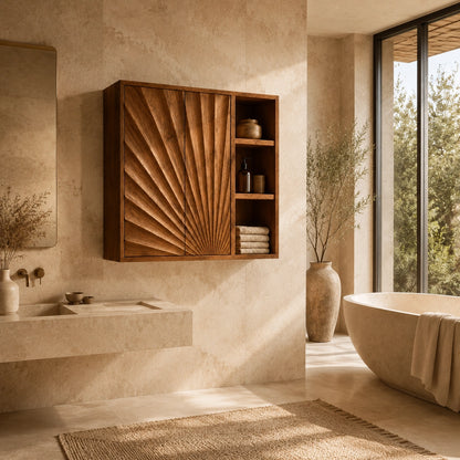 Bathroom Cabinet with Radiant Fan-Carved Doors and Open Shelving in Wood - Woodenecho - 2