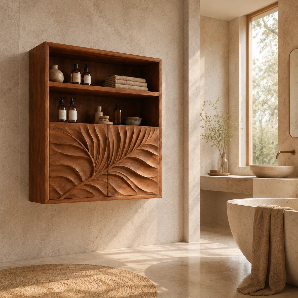 Bathroom Cabinet with Radiant Fan-Carved Doors and Open Shelving in Wood - Woodenecho - 2