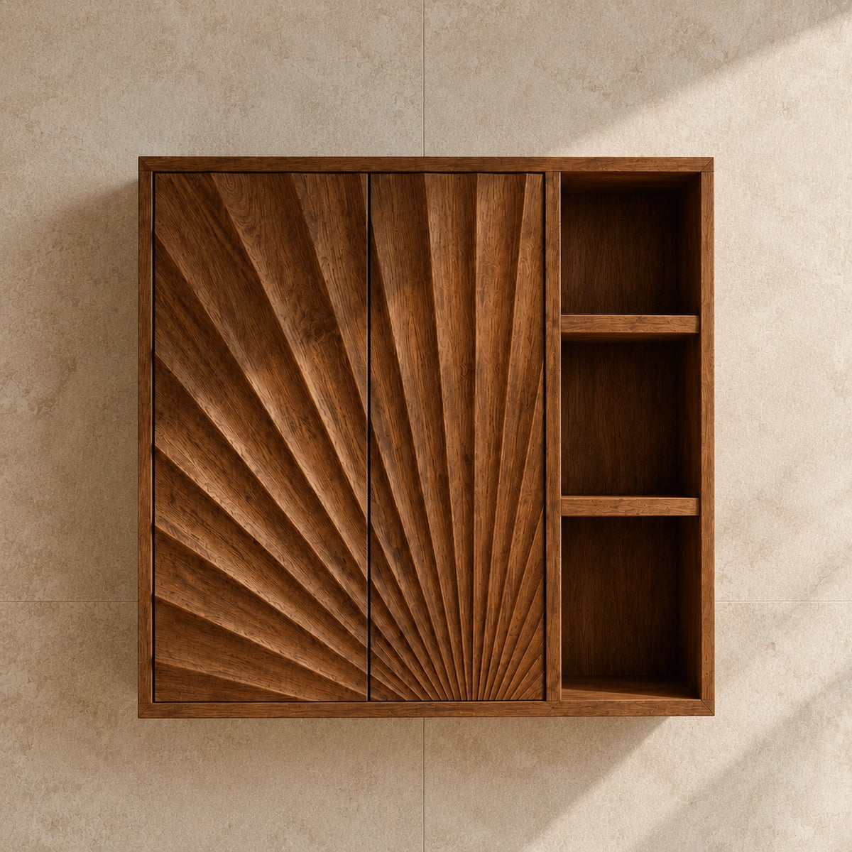 Bathroom Cabinet with Radiant Fan-Carved Doors and Open Shelving in Wood - Woodenecho - 3