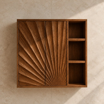 Bathroom Cabinet with Radiant Fan-Carved Doors and Open Shelving in Wood - Woodenecho - 3