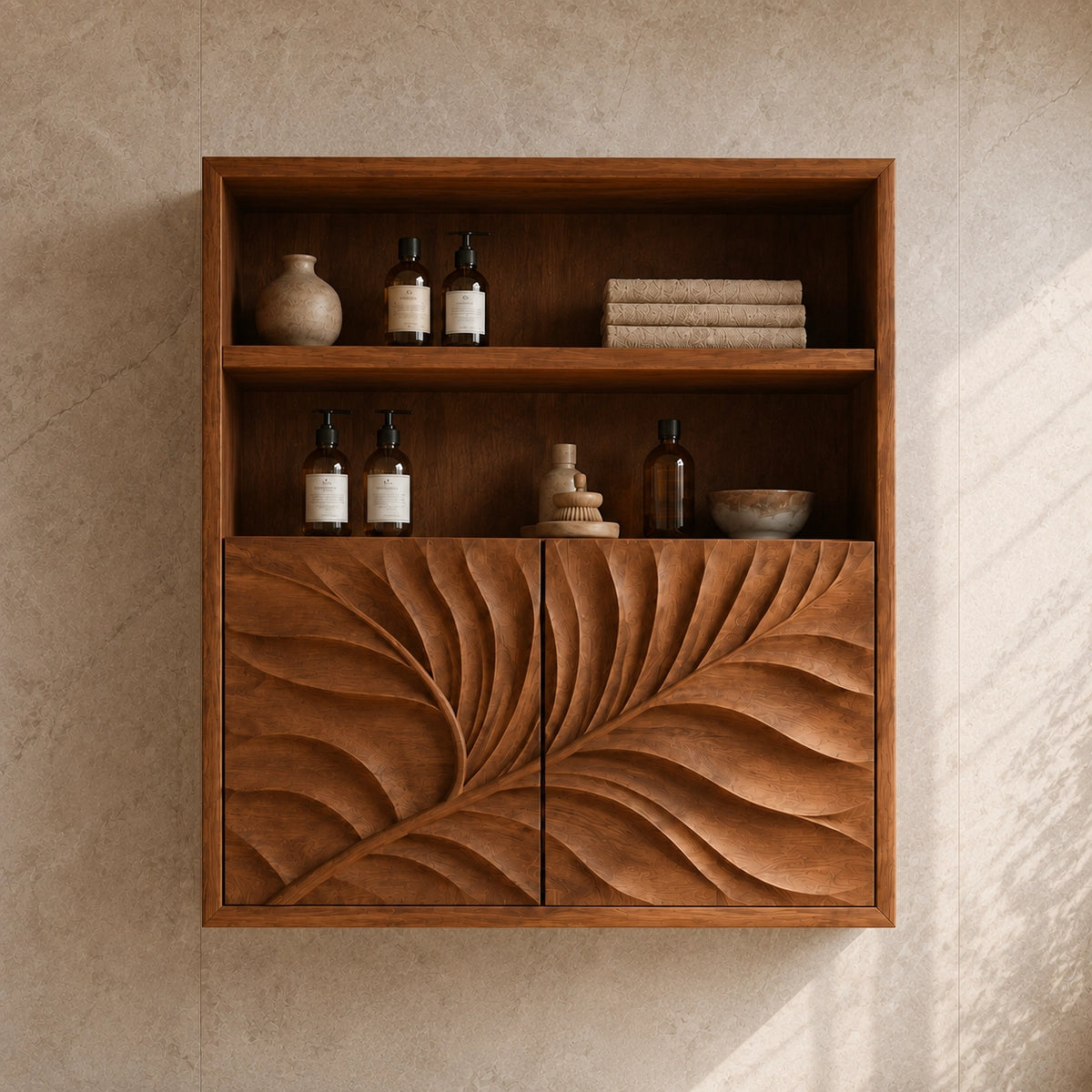 Bathroom Cabinet with Radiant Fan-Carved Doors and Open Shelving in Wood - Woodenecho - 3