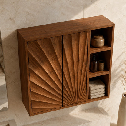 Bathroom Cabinet with Radiant Fan-Carved Doors and Open Shelving in Wood - Woodenecho - 4