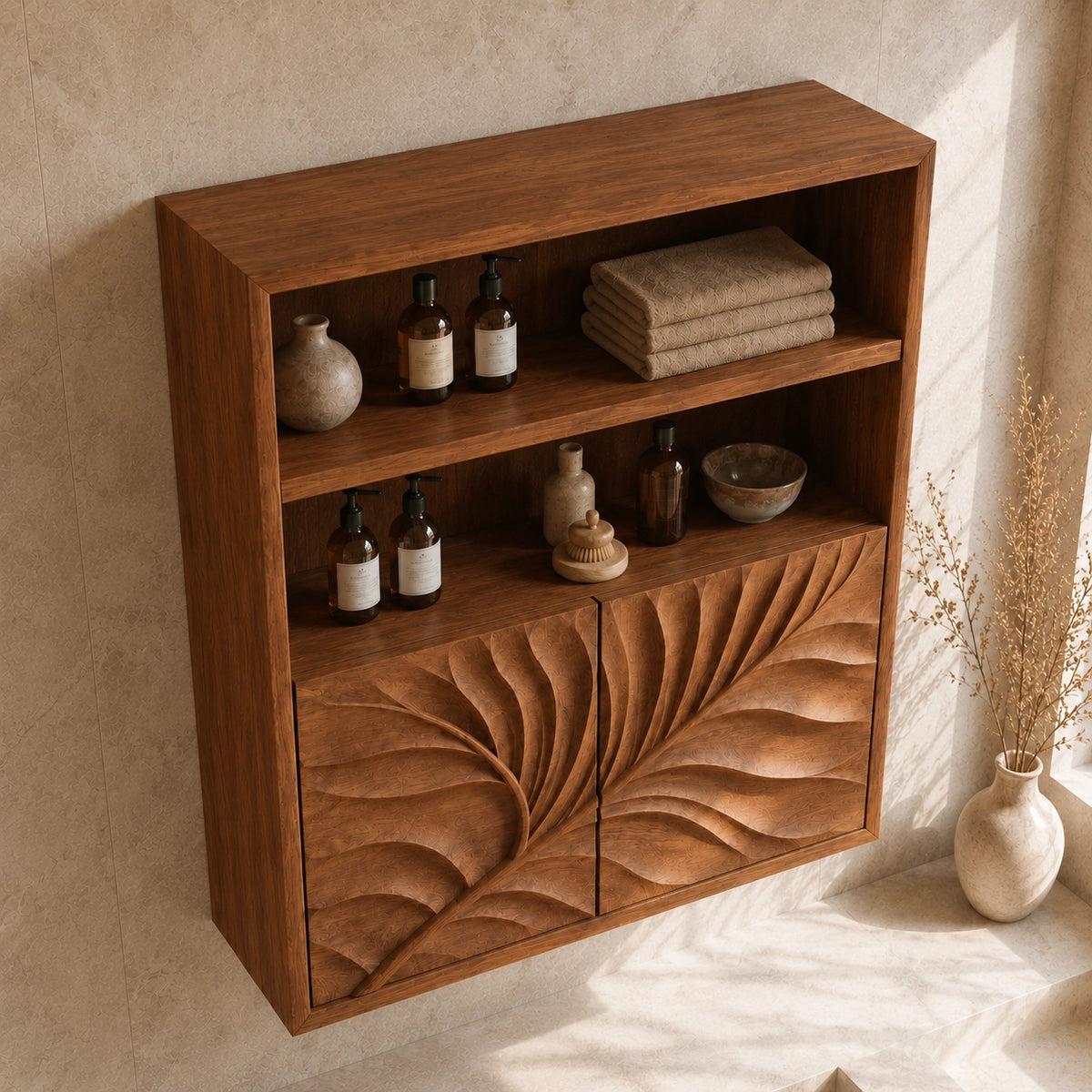 Bathroom Cabinet with Radiant Fan-Carved Doors and Open Shelving in Wood - Woodenecho - 4