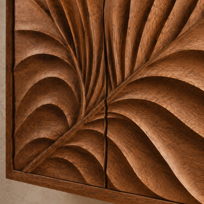Bathroom Cabinet with Radiant Fan-Carved Doors and Open Shelving in Wood - Woodenecho - 5