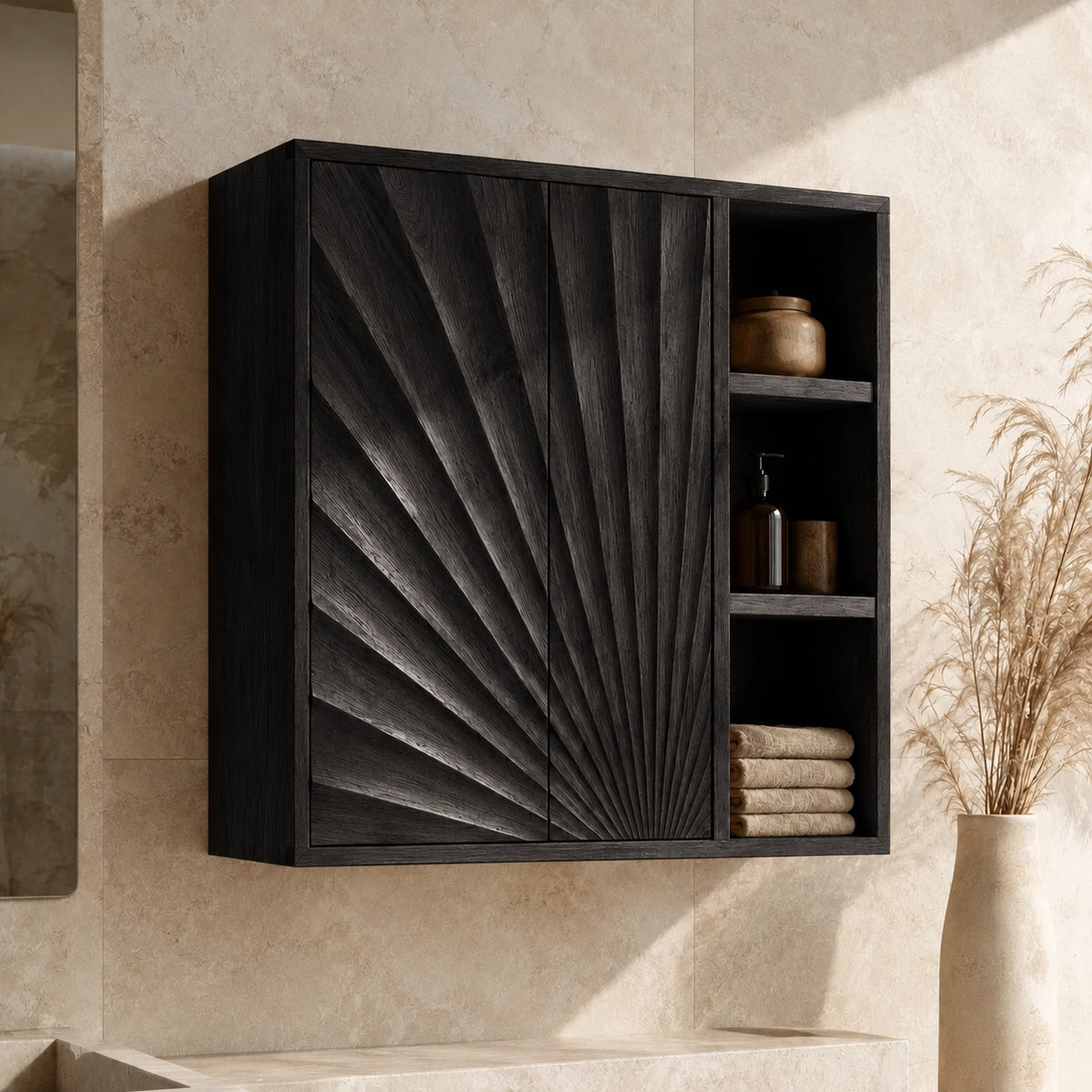 Bathroom Cabinet with Radiant Fan-Carved Doors and Open Shelving in Wood - Woodenecho - 7