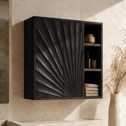 Bathroom Cabinet with Radiant Fan-Carved Doors and Open Shelving in Wood - Woodenecho - 7