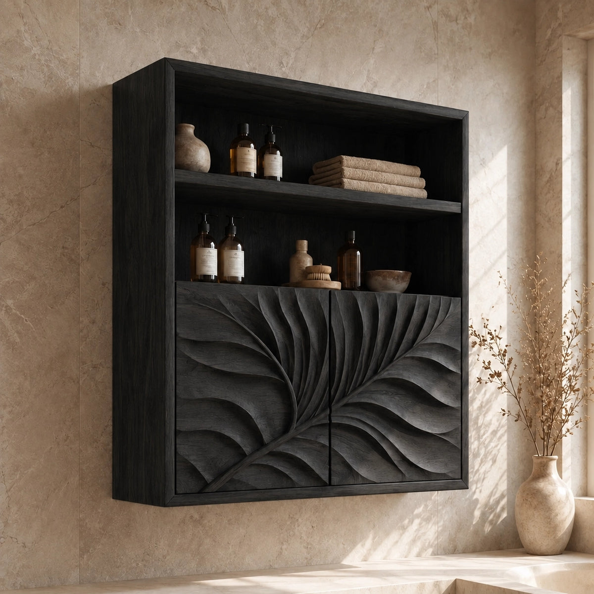 Bathroom Cabinet with Radiant Fan-Carved Doors and Open Shelving in Wood - Woodenecho - 7