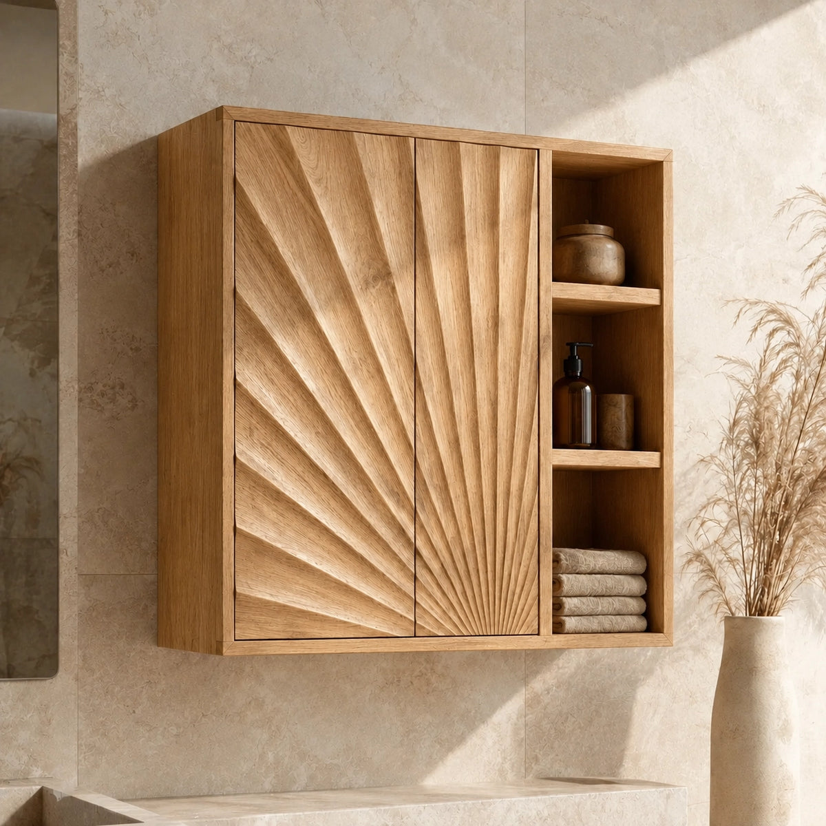 Bathroom Cabinet with Radiant Fan-Carved Doors and Open Shelving in Wood - Woodenecho - 8