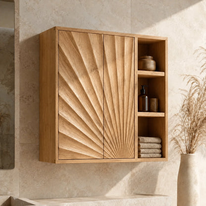 Bathroom Cabinet with Radiant Fan-Carved Doors and Open Shelving in Wood - Woodenecho - 8