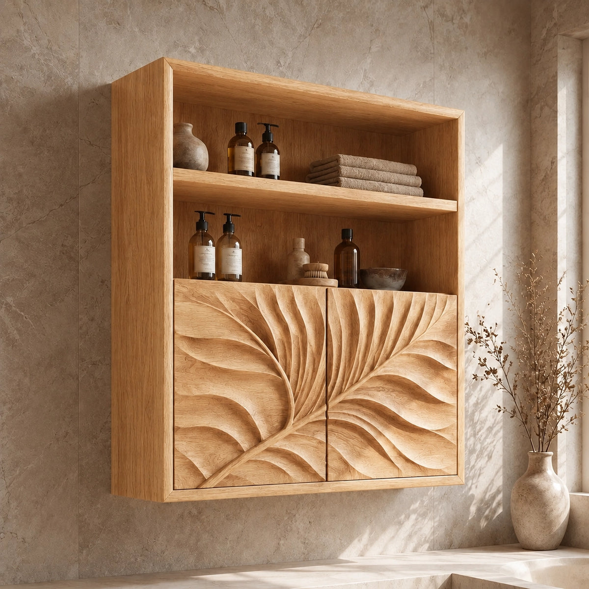 Bathroom Cabinet with Radiant Fan-Carved Doors and Open Shelving in Wood - Woodenecho - 8
