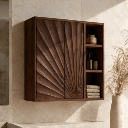 Bathroom Cabinet with Radiant Fan-Carved Doors and Open Shelving in Wood - Woodenecho - 9