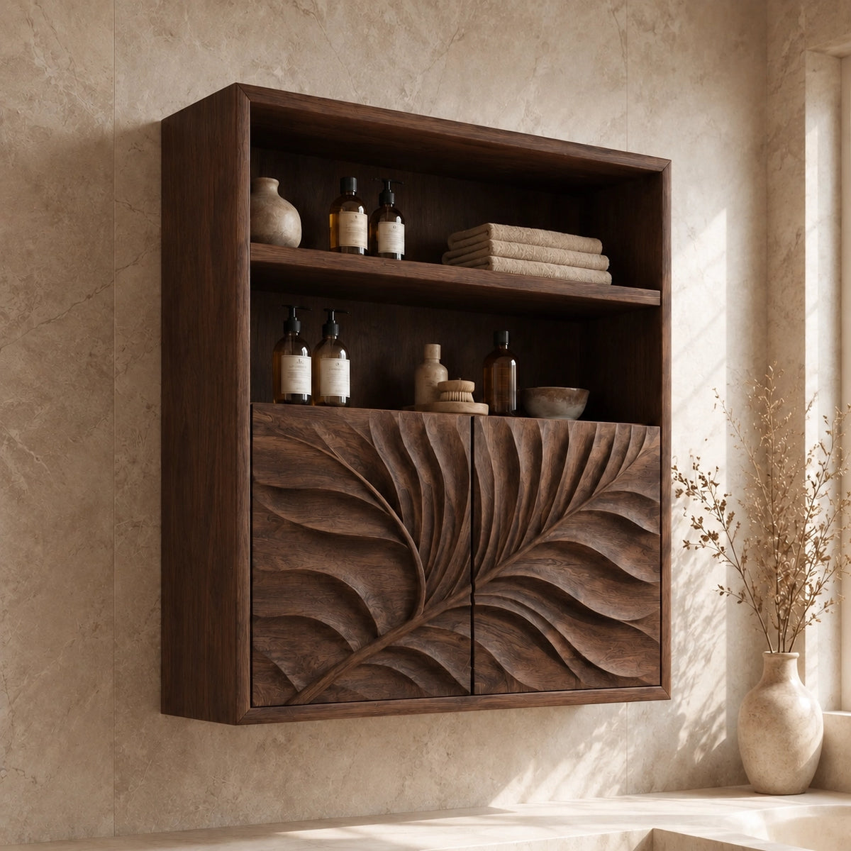 Bathroom Cabinet with Radiant Fan-Carved Doors and Open Shelving in Wood - Woodenecho - 9